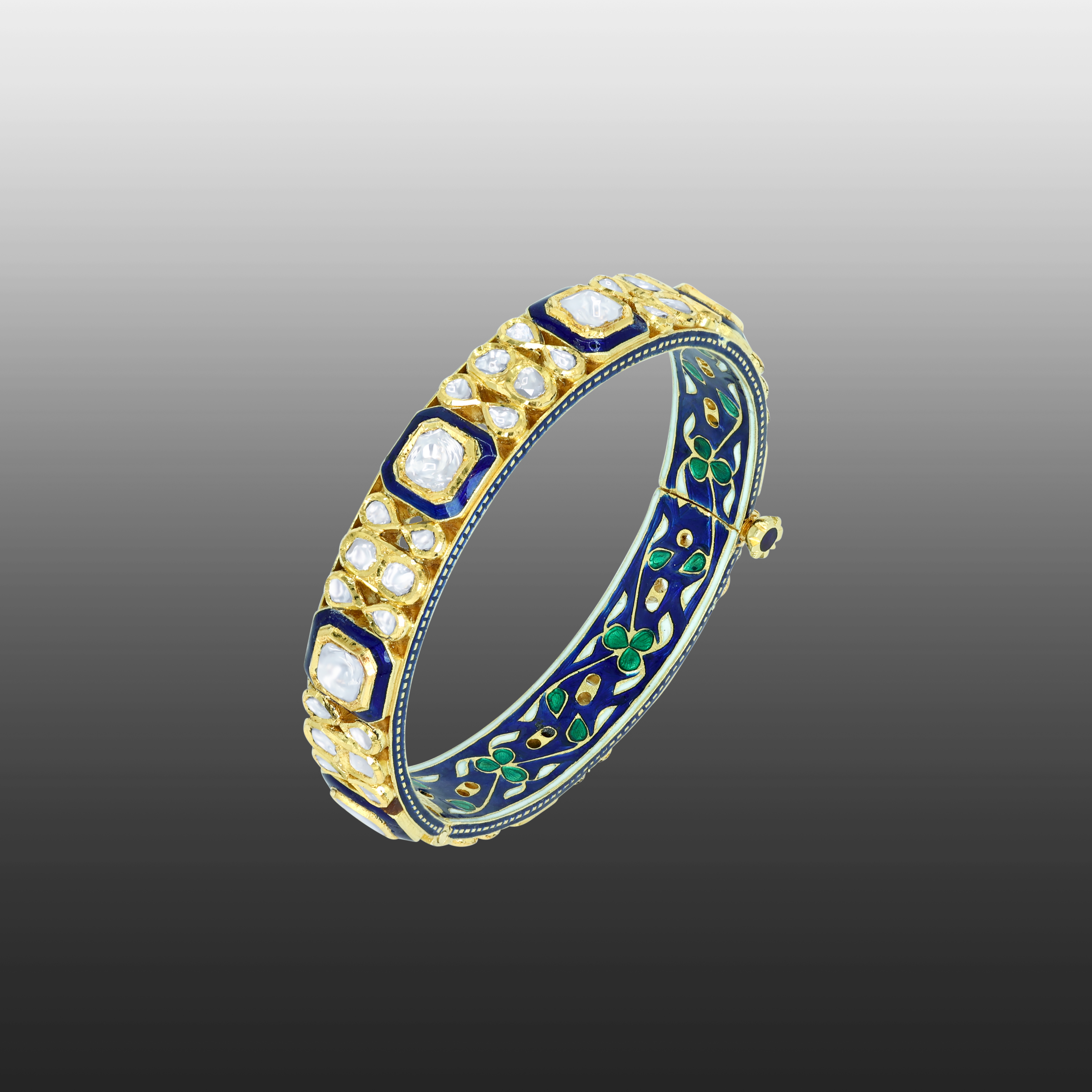 Deep Blue Enamel Bangle with Polki Clusters and Borders